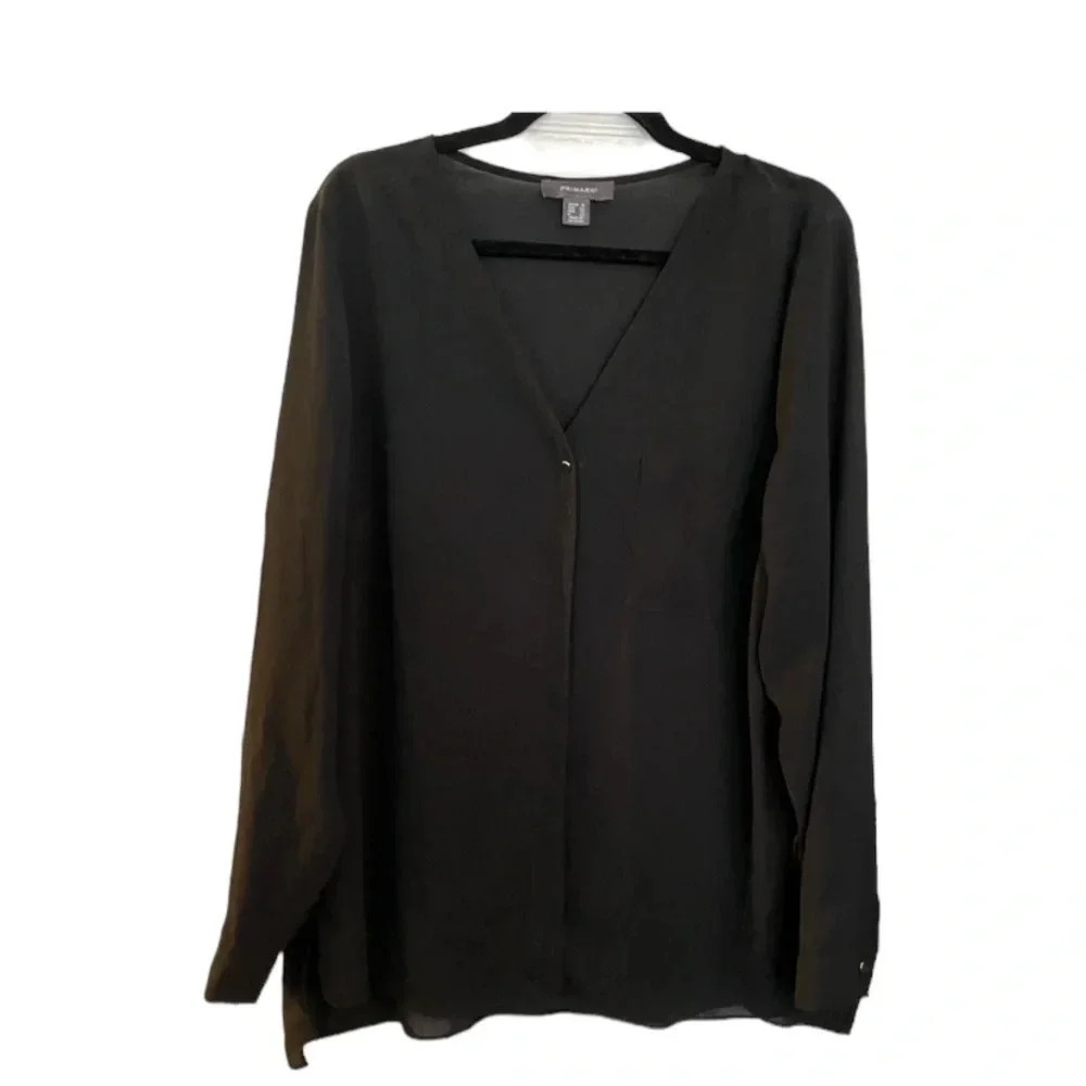 NWOT Primark Black Long Sleeve Flowy Chiffon Sheer Top Gold Buttons Size 14